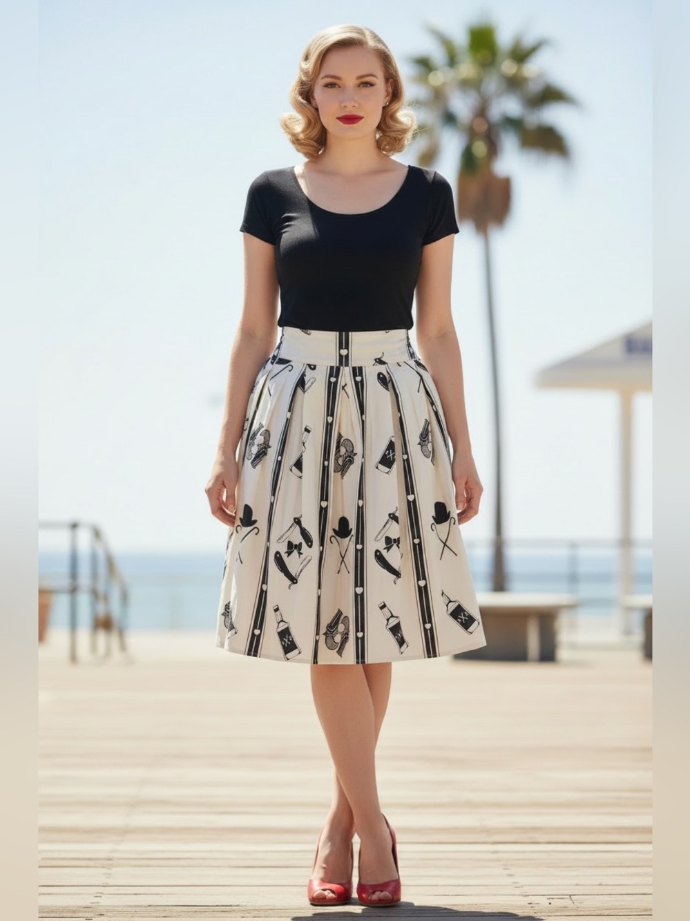 Rock Steady Cream Black Novelty Print Skirt Rockabilly Pinup XL